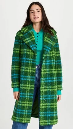 New ???? Apparis Tikka Faux Shearling ???? Coat Green Plaid ????