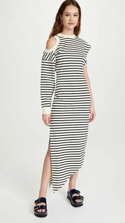 Flash Sale ???? A.W.A.K.E. MODE Long Sleeve Asymmetric ???? Dress White/Navystriped ????