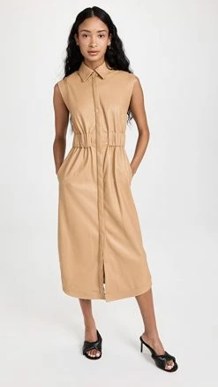 Deals ???? Jonathan Simkhai Nima Faux Leather Midi ???? Dress Camel ????