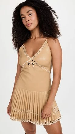 New ???? Jonathan Simkhai Jerri Laser Cut Vegan Leather Mini ???? Dress Camel ????