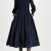 Outlet ???? Molly Goddard Shirred Taffeta Long Sleeve Midi ???? Dress Navy ❤️
