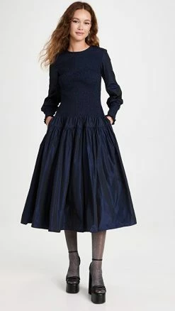 Outlet ???? Molly Goddard Shirred Taffeta Long Sleeve Midi ???? Dress Navy ❤️