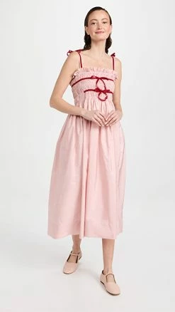 Budget ✨ Molly Goddard Taffeta Shiirred Midi ???? Dress With Velvet Tie Pink/Red ⭐