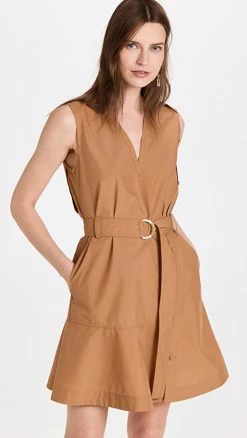 Budget ???? 3.1 Phillip Lim Cotton Poplin V Neck Belted ???? Dress Ochre ⌛