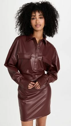 Best reviews of ???? LAPOINTE Stretch Faux Leather Collared Mini ???? Dress Mahogany ❤️
