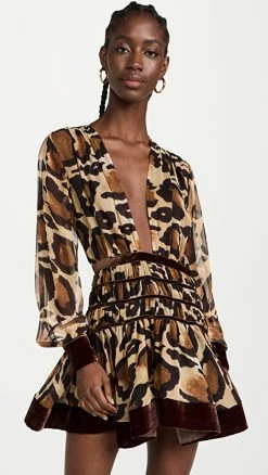 Cheapest ???? Sergio Hudson Tiered Mini ???? Dress With Velvet Trim Abstract Animal Print ????