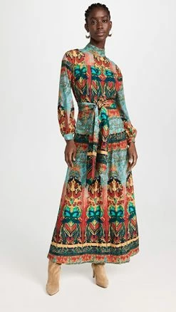 Best Pirce ???? Stella Jean Mock Neck Maxi ???? Dress Red/Blue Multi ⌛