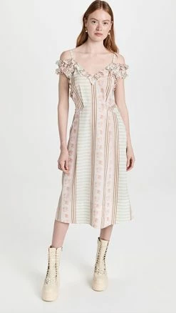 Top 10 ???? Simone Rocha Off Shoulder Sleeveless Midi ???? Dress With Frill & Tie Multi ????