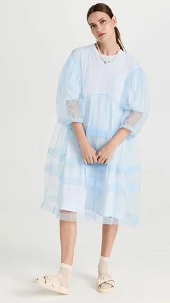 Promo ???? Simone Rocha Tiered Net Overlay Signature Sleeve ???? Dress Baby Blue ????