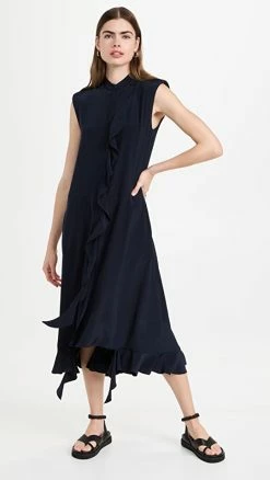 Best Pirce ✨ Tibi Silk Detached Ruffle ???? Shirtdress Dark Navy ????
