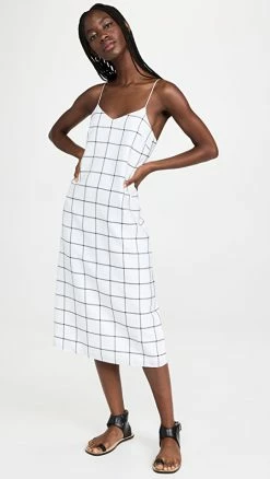 Best deal ???? Tibi Windowpane Techy Twill Slip ???? Dress White/Black Multi ????